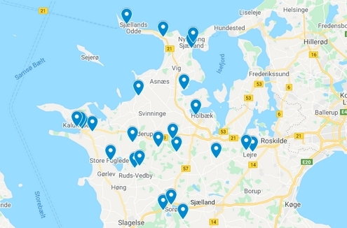 Kort, der viser placeringen af de 26 projekter, der har øgt om LAG-midler i 1. runde af 2021